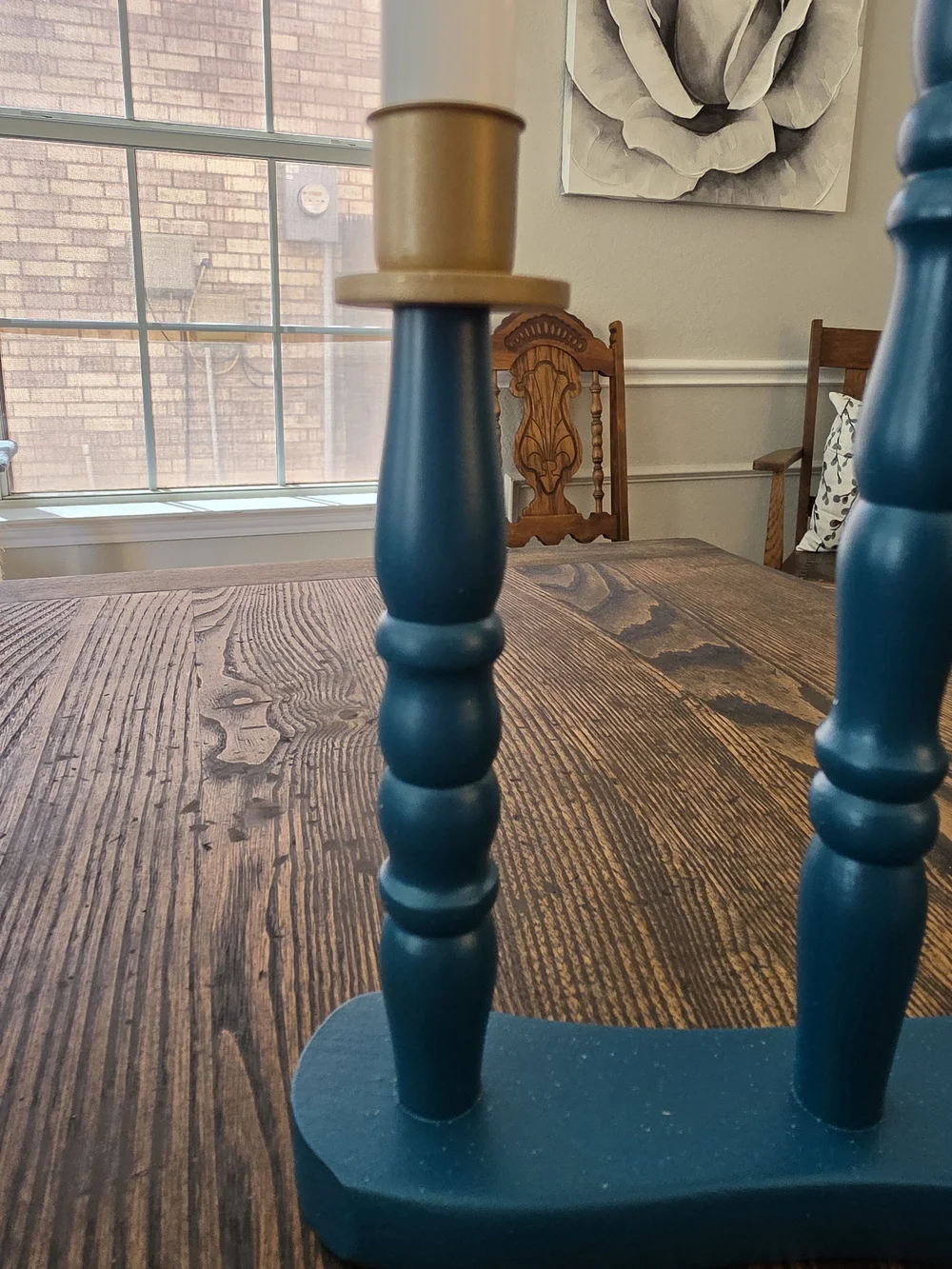 Deep Teal Blue Wood 3-Arm Taper Candle Candelabra Centerpiece Gold Metal Cups